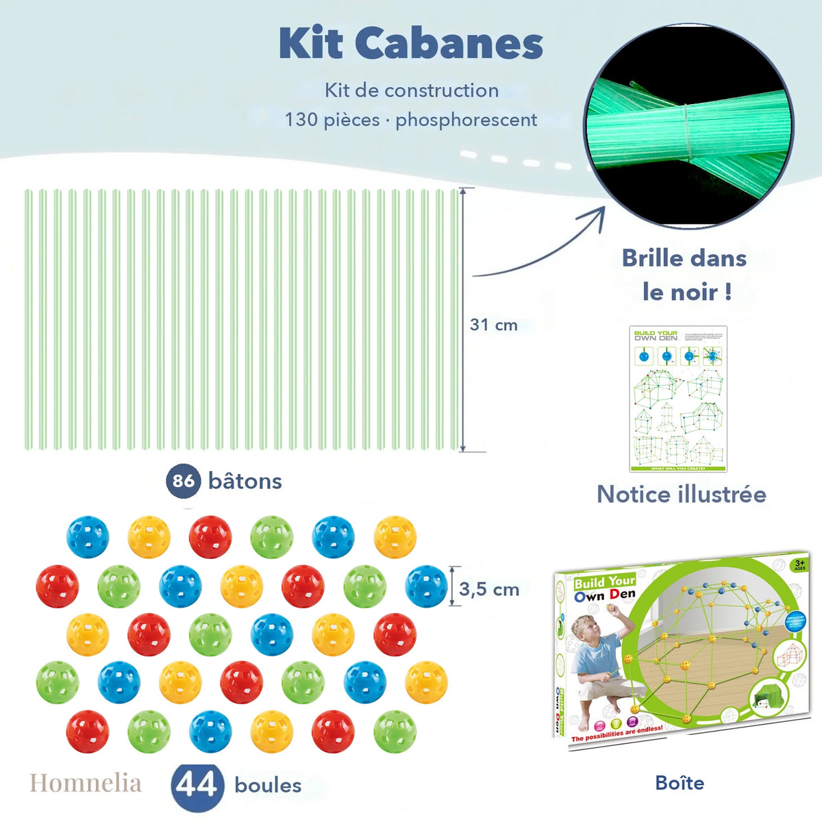 Kit 130 pièces, édition phosphorescente : bâtons qui brillent dans le noir