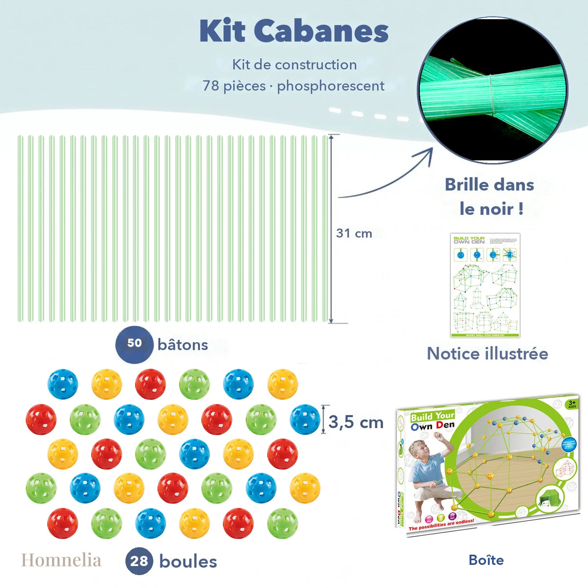 Kit 78 pièces : 50 bâtons phosphorescents, 28 boules, notice et boîte