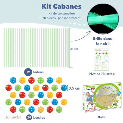 Kit 78 pièces : 50 bâtons phosphorescents, 28 boules, notice et boîte