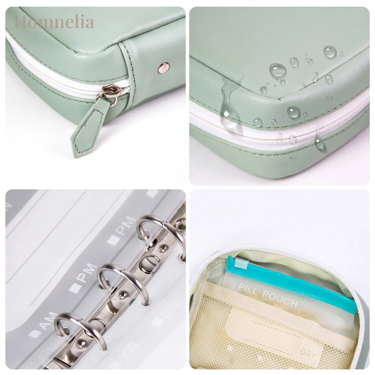 Détails de la trousse : fermeture éclair, matière déperlante, anneaux et pochettes